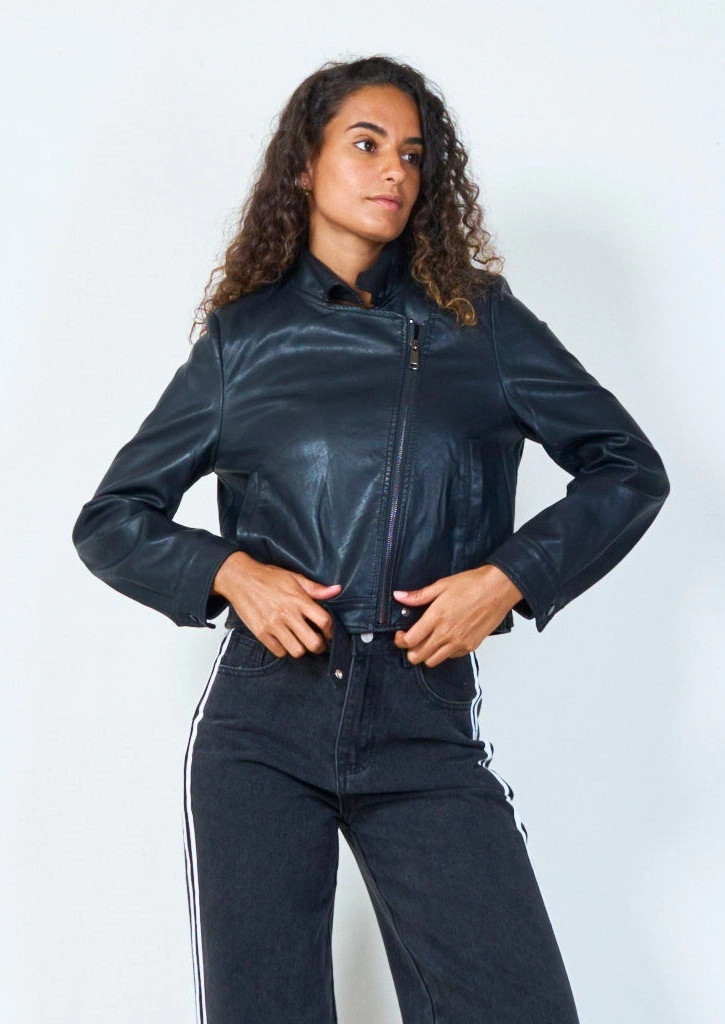 YV0502 Cropped Eco leather moto jacket with asymmetrical zip