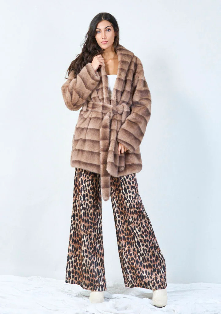 YV0491 Striped Eco Fur Coat With Brooch