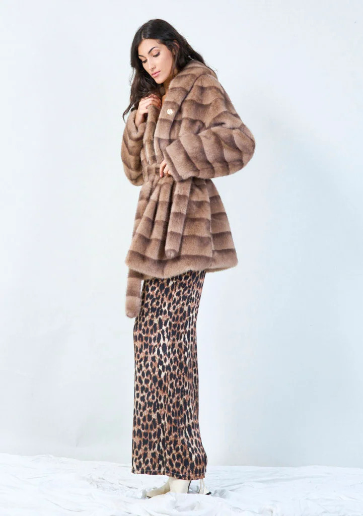 YV0491 Striped Eco Fur Coat With Brooch