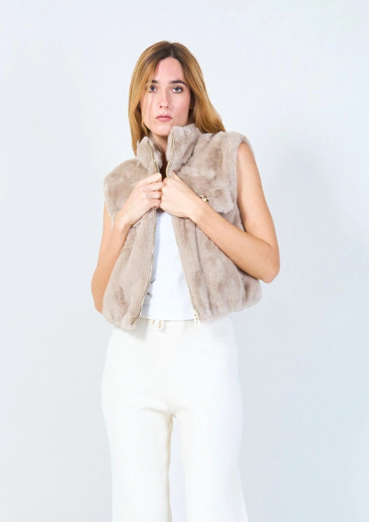 YV0495 Sleeveless Eco Fur Vest with Embellished Pockets