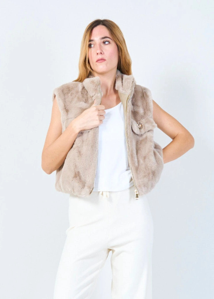 YV0495 Sleeveless Eco Fur Vest with Embellished Pockets