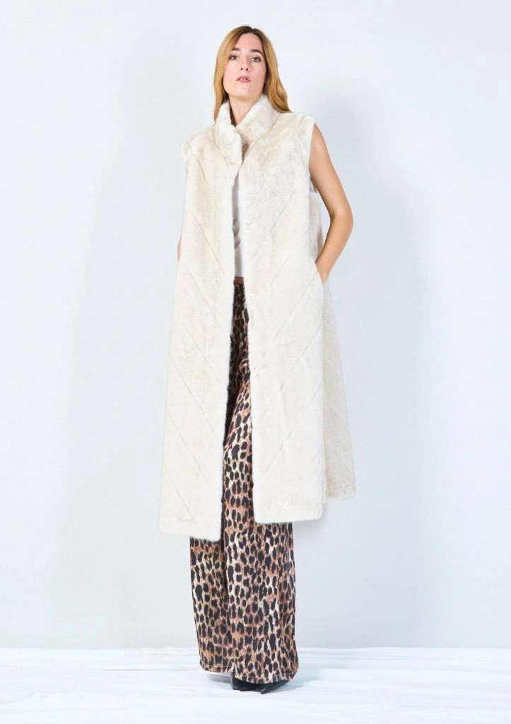 YV0493 Long Quilted Eco Fur Vest