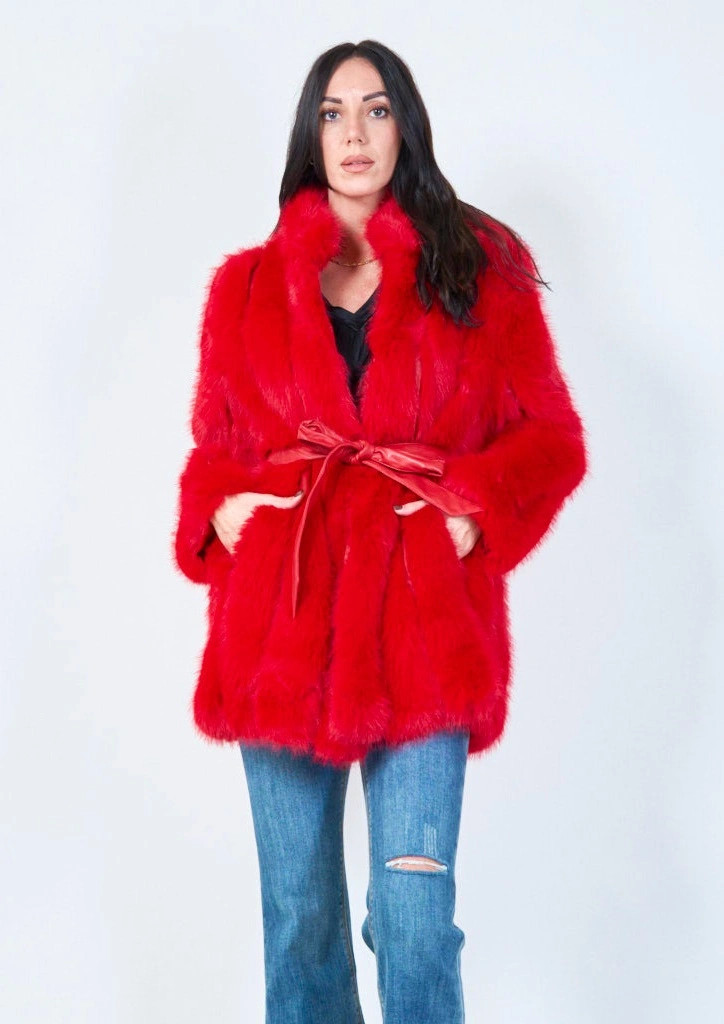YV0464 Long Eco Fur Belted Coat
