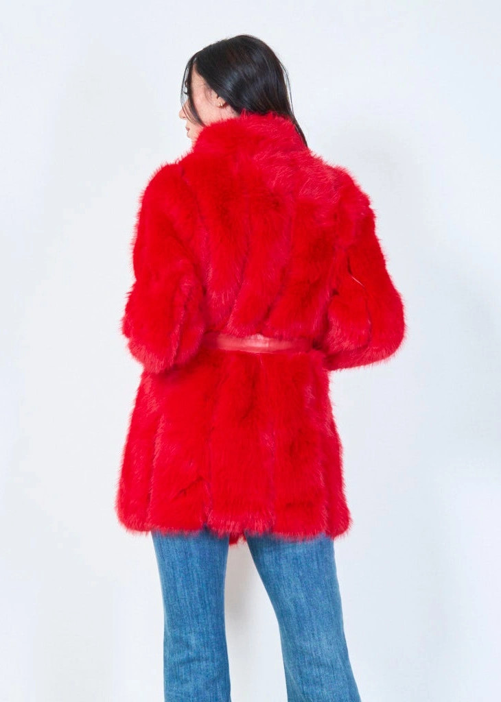 YV0464 Long Eco Fur Belted Coat