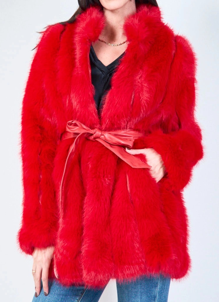 YV0464 Long Eco Fur Belted Coat