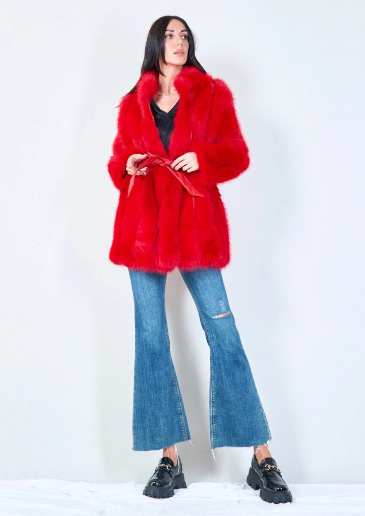 YV0464 Long Eco Fur Belted Coat