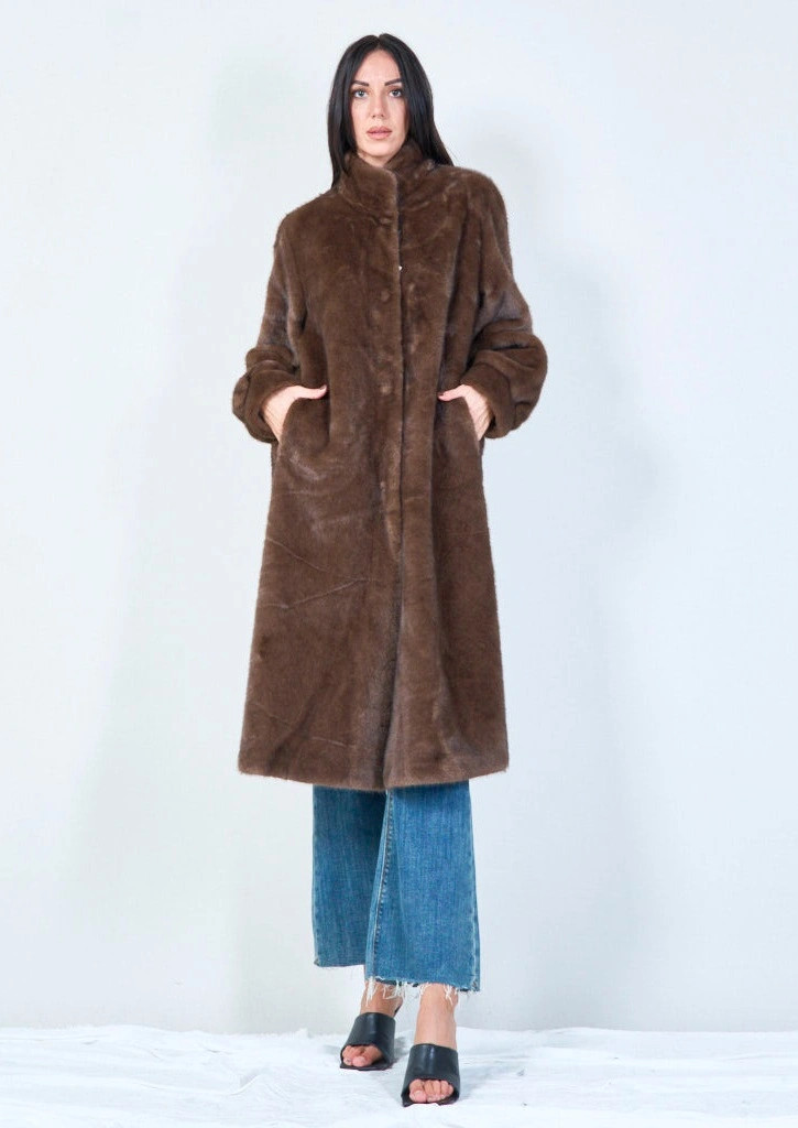 YV0462 Long Eco Fur Coat with high collar