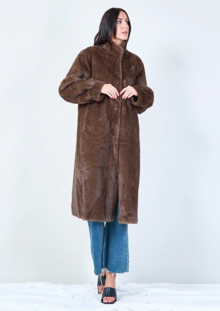 YV0462 Long Eco Fur Coat with high collar