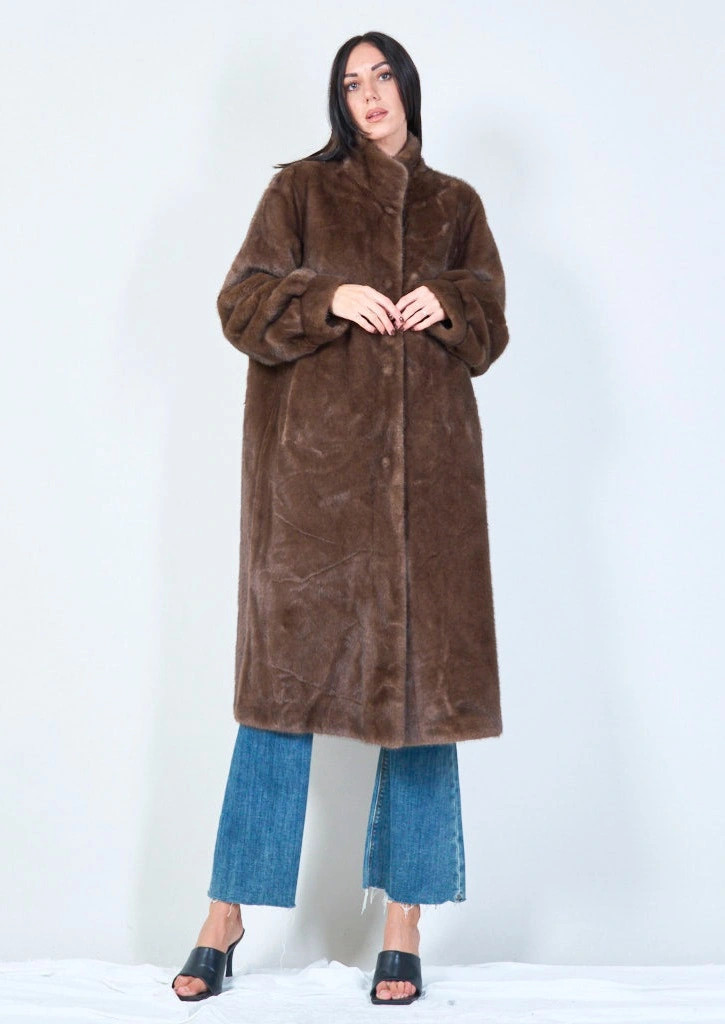 YV0462 Long Eco Fur Coat with high collar
