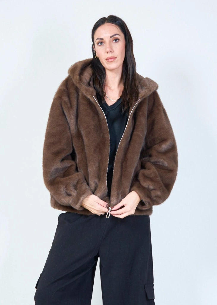 YV0497 Eco Fur Hooded Zip-up Jacket