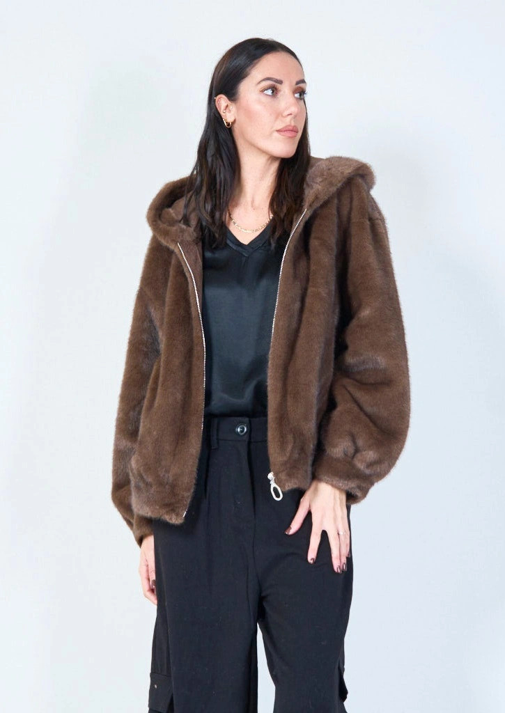 YV0497 Eco Fur Hooded Zip-up Jacket