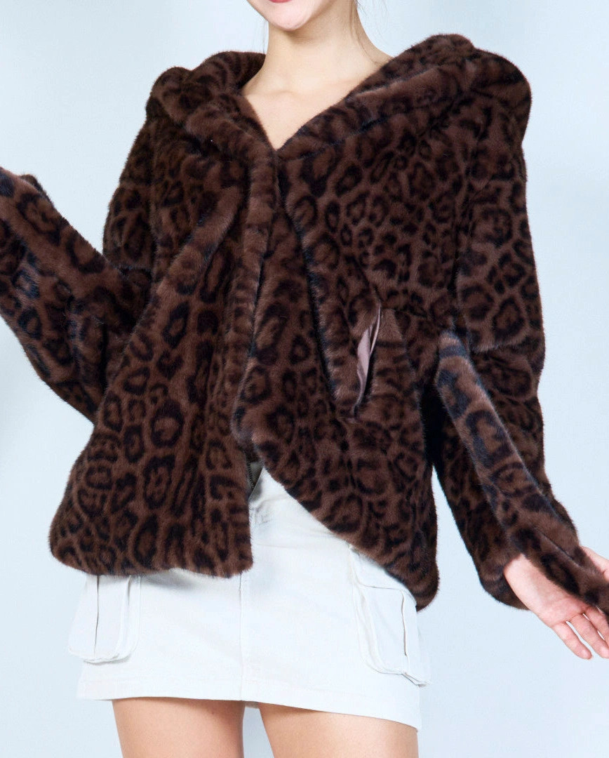 YV0516-1 Elegant Leopard Print Eco Fur Coat