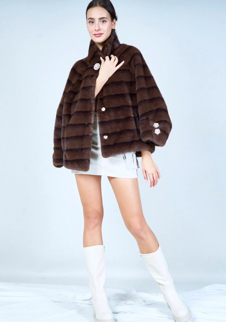 YV0514 Chic Striped Eco Fur Coat