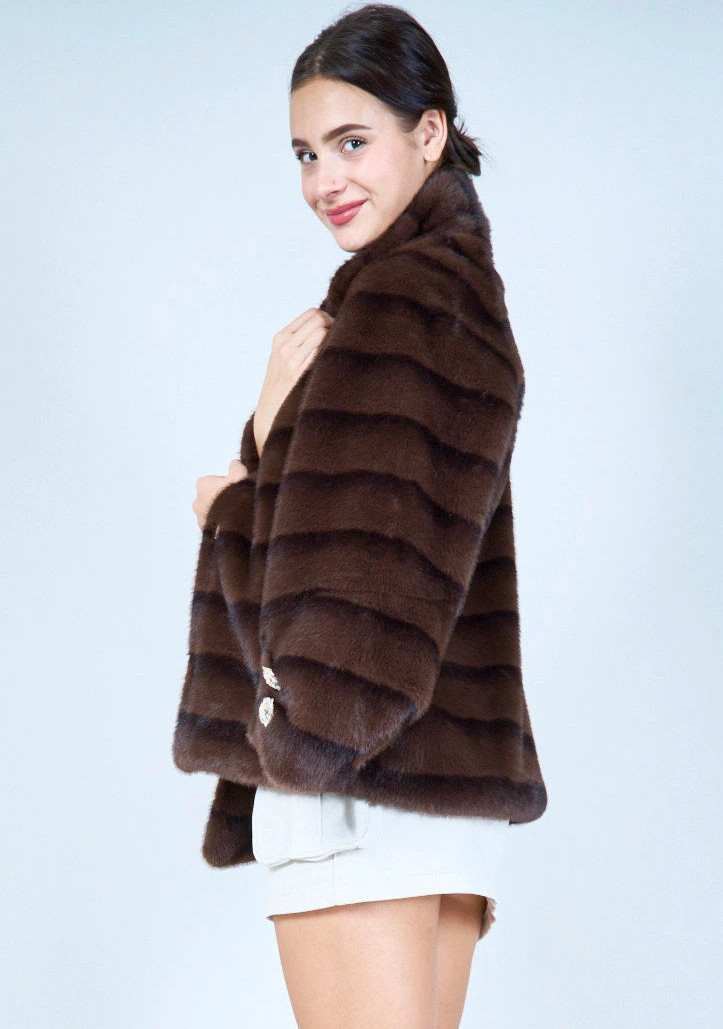 YV0514 Chic Striped Eco Fur Coat