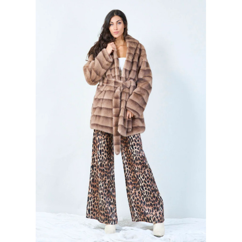 YV0491 Striped Eco Fur Coat With Brooch