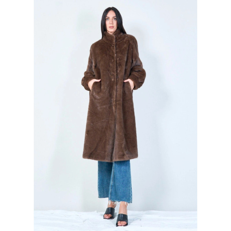 YV0462 Long Eco Fur Coat with high collar