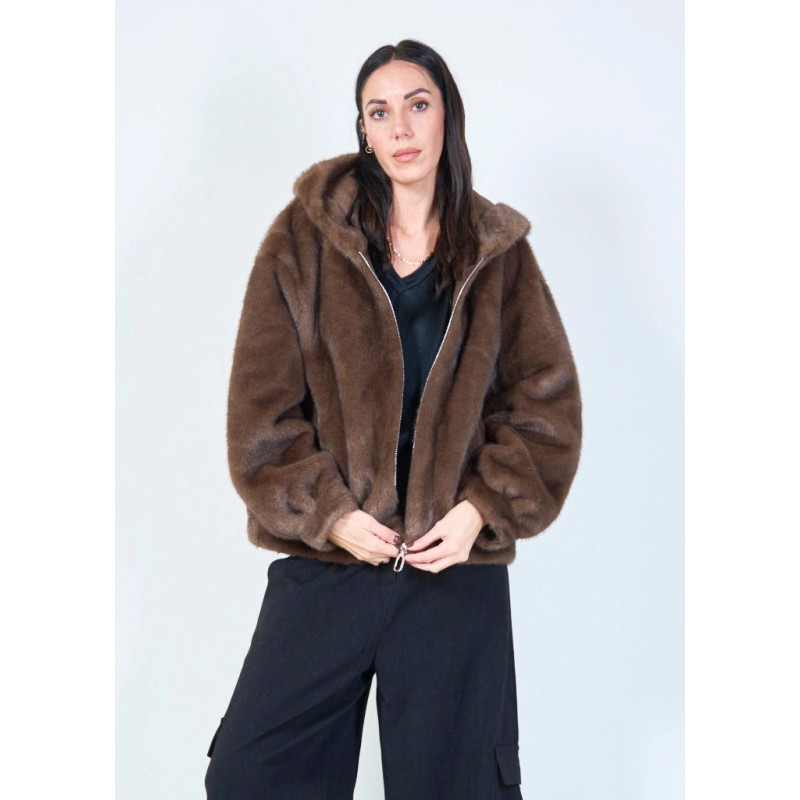 YV0497 Eco Fur Hooded Zip-up Jacket